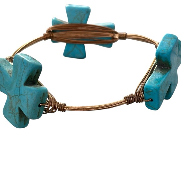 Bourbon and Bowties Turquoise Cross Wire Wrap Bangle Bracelet Boho Brass Tone - Picture 4 of 7